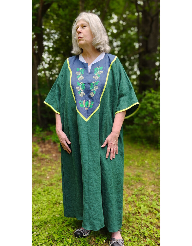 Cloakmakers.com G1194-Unisex Green Linen Tunic, Washable, w/Hops Embroidery & Pockets