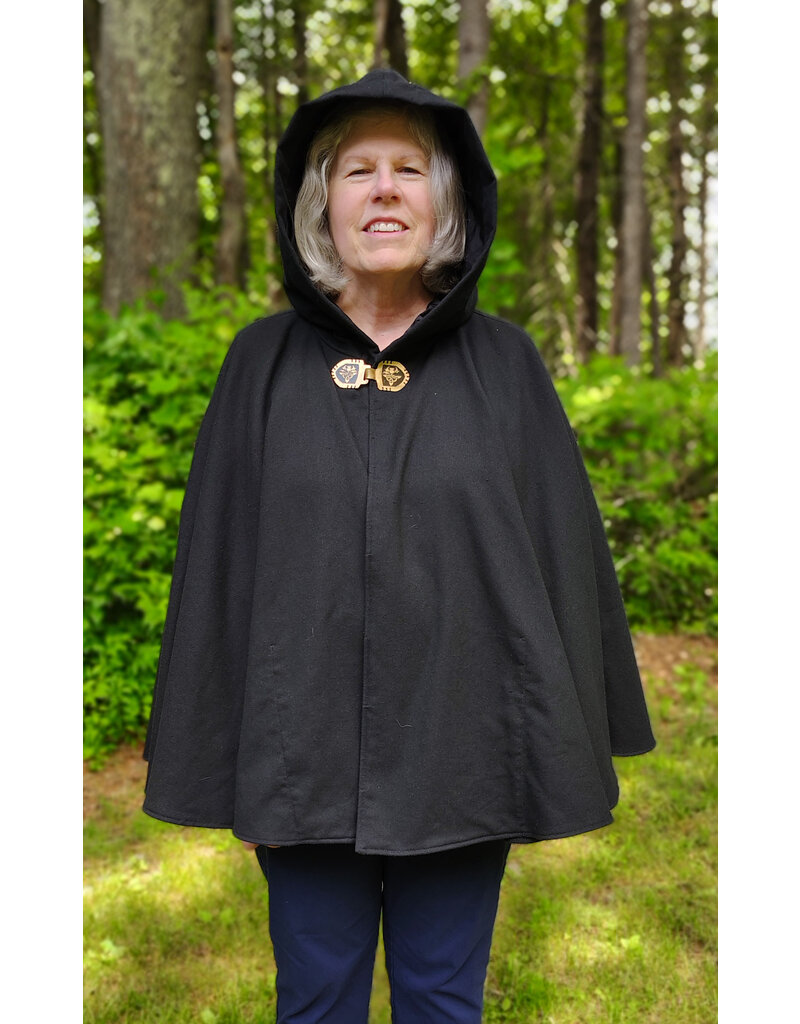 Cloakmakers.com 5723-Washable Black Cotton Cloak w/ Green & Gold Striped Pockets & Antiqued Gold Clasp