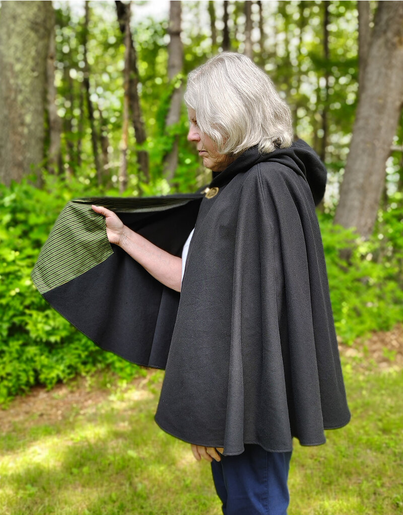 Cloakmakers.com 5723-Washable Black Cotton Cloak w/ Green & Gold Striped Pockets & Antiqued Gold Clasp