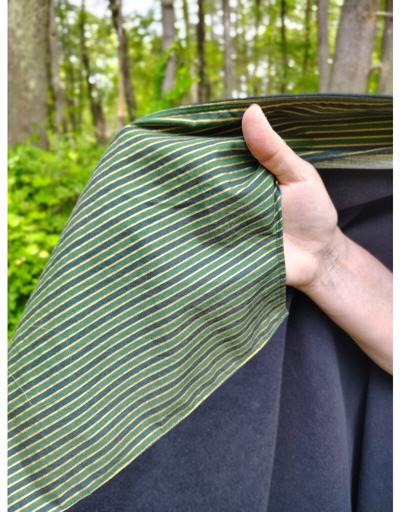 Cloakmakers.com 5723-Washable Black Cotton Cloak w/ Green & Gold Striped Pockets & Antiqued Gold Clasp