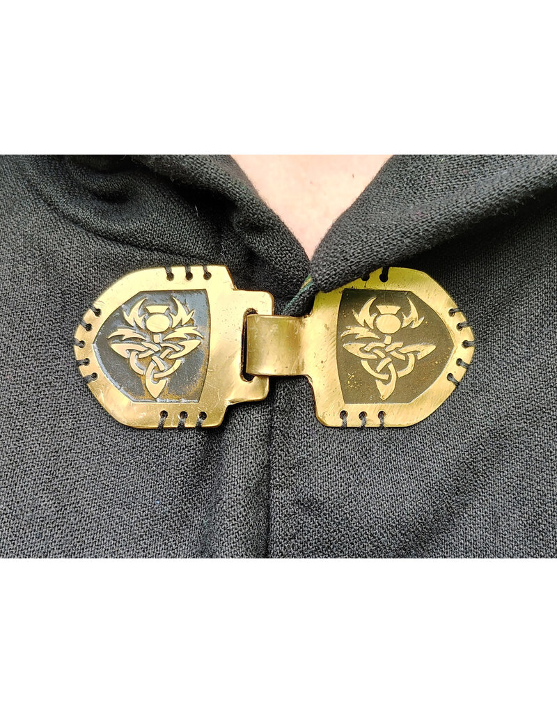 Cloakmakers.com 5723-Washable Black Cotton Cloak w/ Green & Gold Striped Pockets & Antiqued Gold Clasp