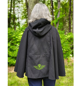 Cloakmakers.com 5723-Washable Black Cotton Cloak w/ Green & Gold Striped Pockets & Antiqued Gold Clasp