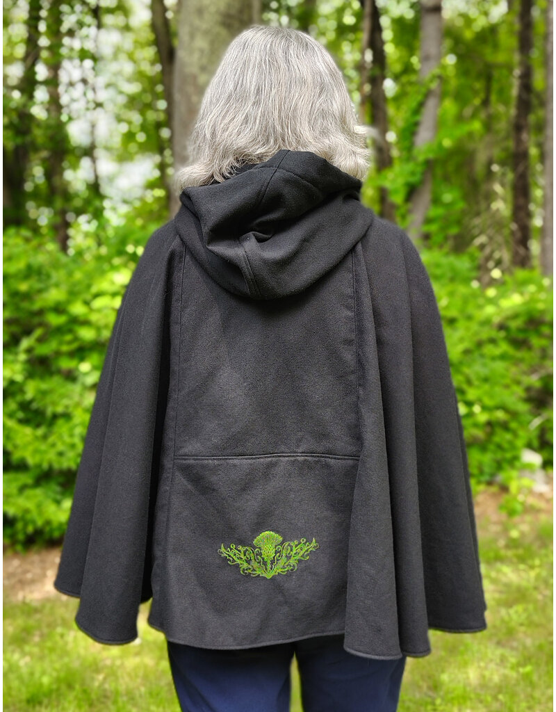 Cloakmakers.com 5723-Washable Black Cotton Cloak w/ Green & Gold Striped Pockets & Antiqued Gold Clasp