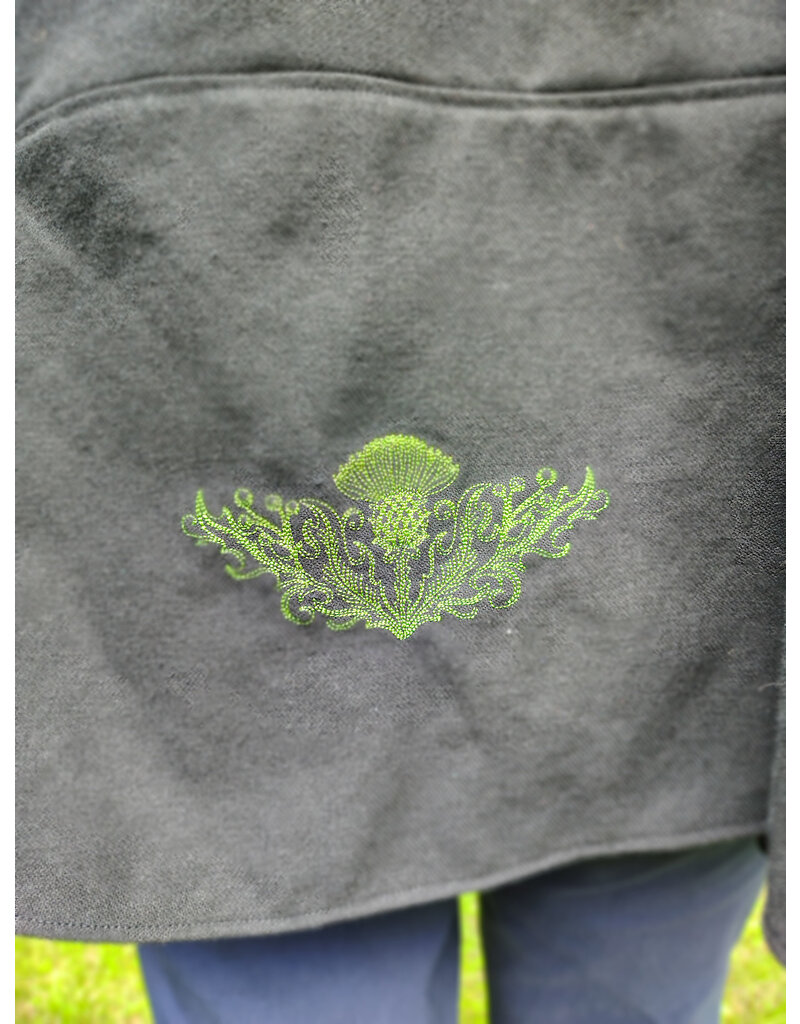Cloakmakers.com 5723-Washable Black Cotton Cloak w/ Green & Gold Striped Pockets & Antiqued Gold Clasp
