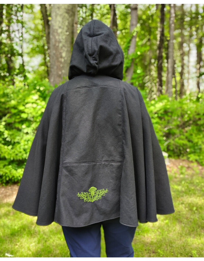 Cloakmakers.com 5723-Washable Black Cotton Cloak w/ Green & Gold Striped Pockets & Antiqued Gold Clasp