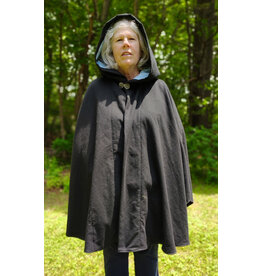 Cloakmakers.com 5724-Washable Black Cotton Cloak w/ light Blue Hood Lining & Celtic Rosette Clasp