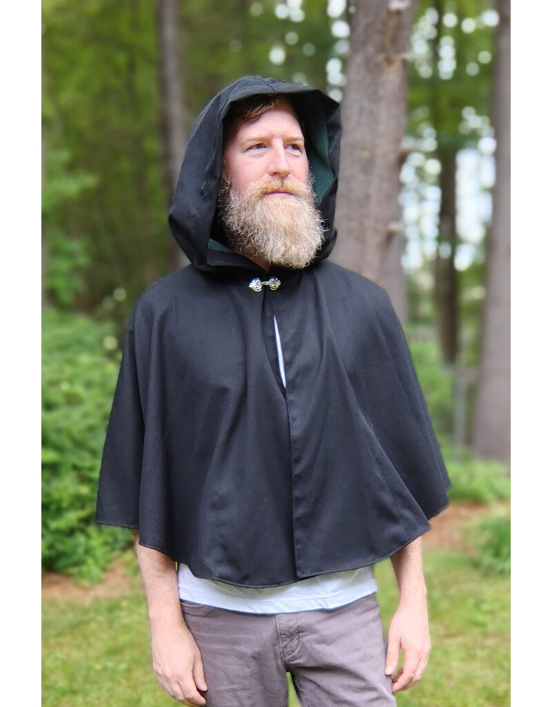 Cloakmakers.com 5726-Washable Black Wool Blend Cloak w/ Forest Green Hood Lining & Pockets