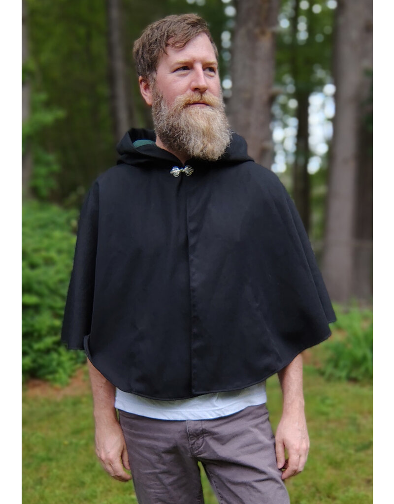 Cloakmakers.com 5726-Washable Black Wool Blend Cloak w/ Forest Green Hood Lining & Pockets