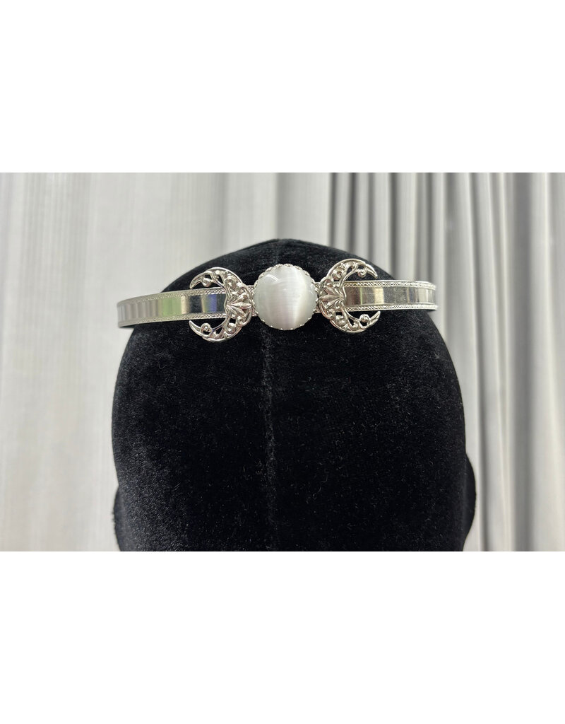 Cloakmakers.com Triple Goddess White Catseye Glass Stone with Filigree Crescents on Silvertone Plated Bordered Burnished Band - Circlet