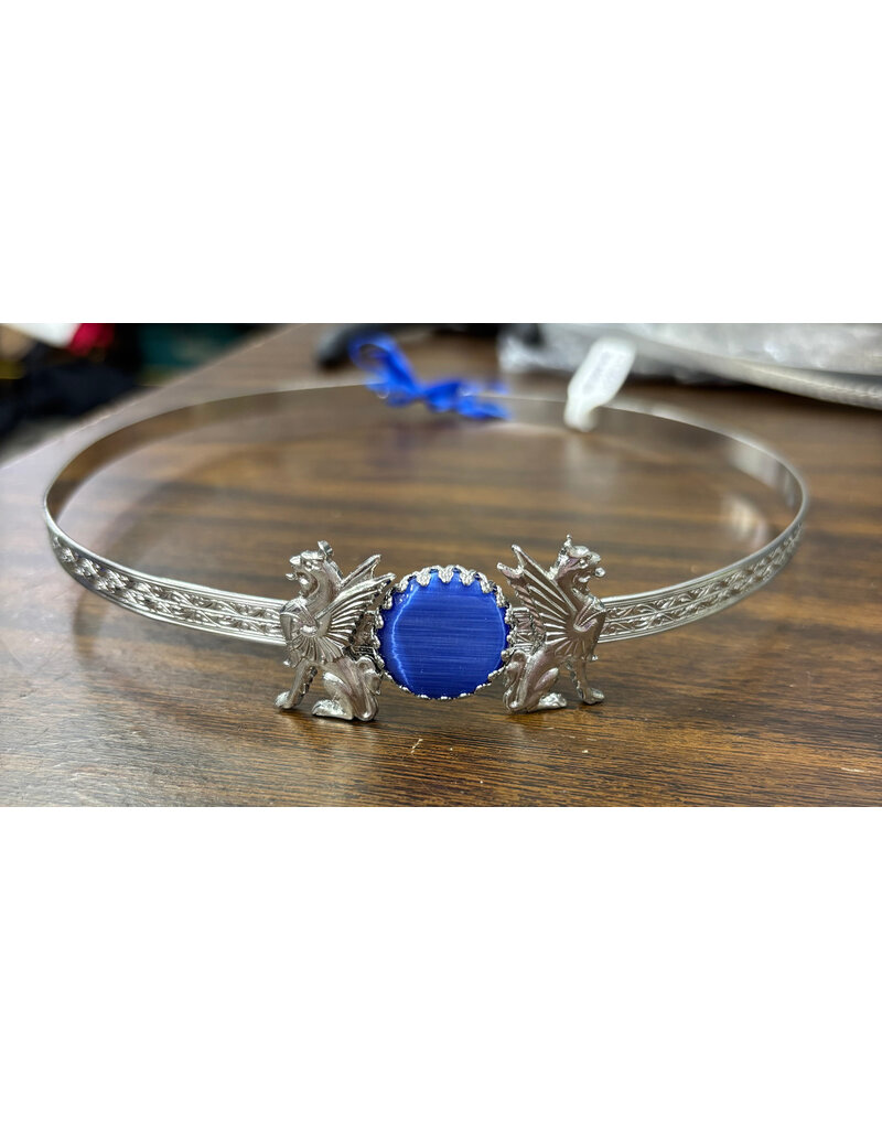 Cloakmakers.com Blue Catseye Oval & Two Griffins on Silvertone Plated Geometirc Scroll