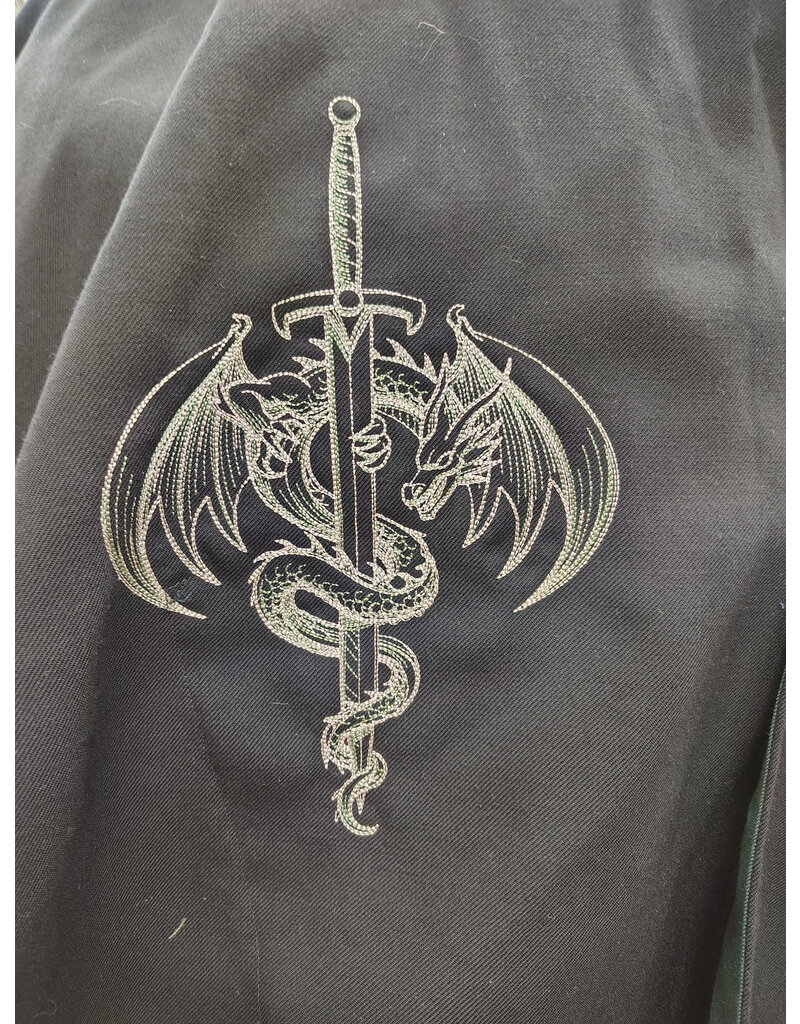 Cloakmakers.com 5728-Midnight Blue Cloak w/ Sword & Dragon Embroidery, Pockets, Washable Wool Gabardine, Dragon Buttons
