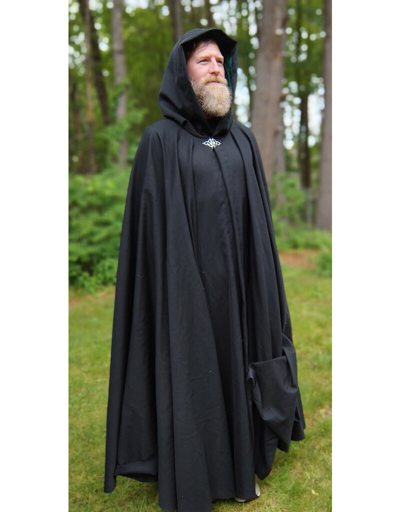 Cloakmakers.com 5729-Washable Black Wool Blend Cloak w/ Forest Green Hood Lining & Triquetra Clasp