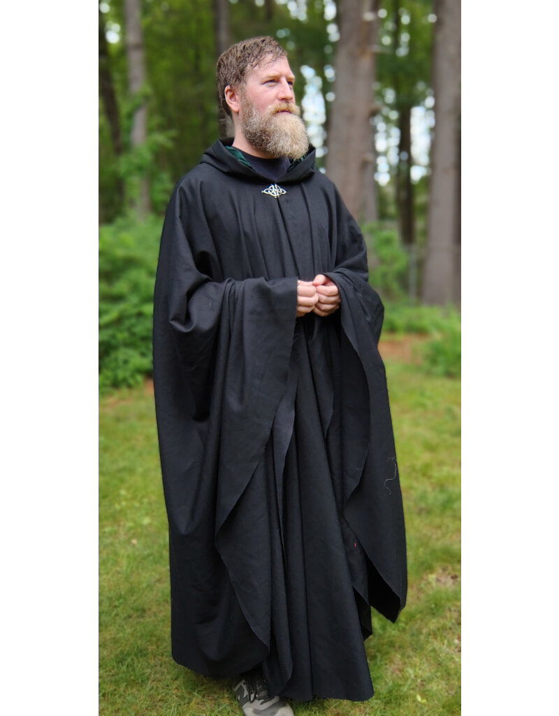 Cloakmakers.com 5729-Washable Black Wool Blend Cloak w/ Forest Green Hood Lining & Triquetra Clasp