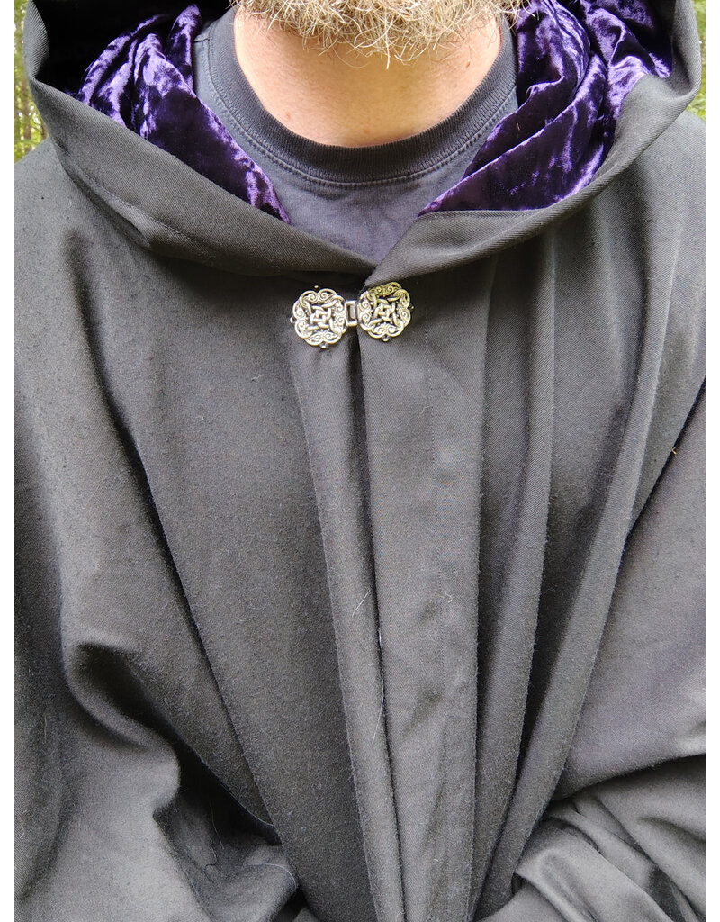 Cloakmakers.com 5730-Washable Black Wool Blend Cloak w/ Purple Hood Lining & Celtic Rosette Clasp