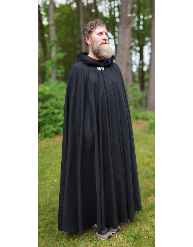 Cloakmakers.com 5730-Washable Black Wool Blend Cloak w/ Purple Hood Lining & Celtic Rosette Clasp