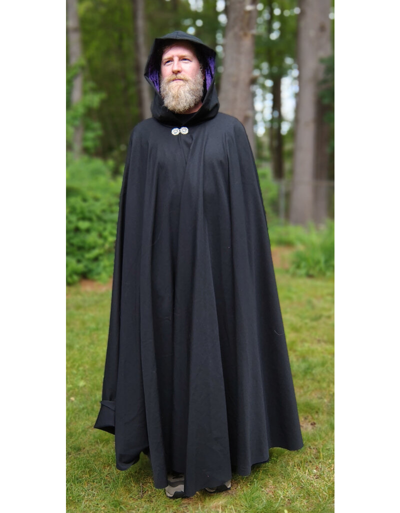 Cloakmakers.com 5730-Washable Black Wool Blend Cloak w/ Purple Hood Lining & Celtic Rosette Clasp