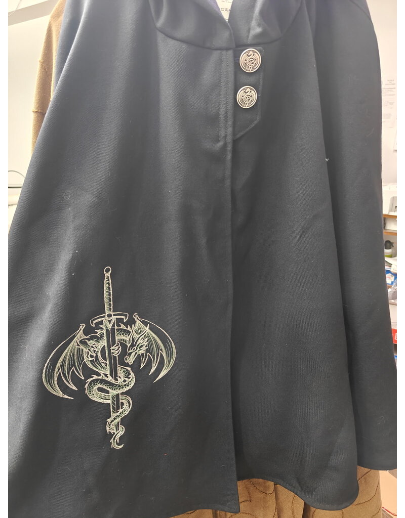 Cloakmakers.com 5728-Midnight Blue Cloak w/ Sword & Dragon Embroidery, Pockets, Washable Wool Gabardine, Dragon Buttons