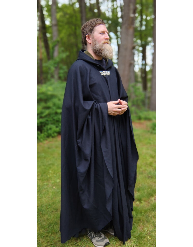 Cloakmakers.com 5731-Washable Navy Blue Wool Cloak w/ Dark Green Hood Lining & Multi-Leaf Clasp