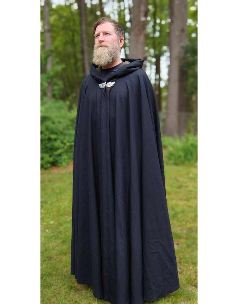 Cloakmakers.com 5731-Washable Navy Blue Wool Cloak w/ Dark Green Hood Lining & Multi-Leaf Clasp