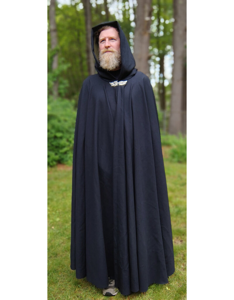 Cloakmakers.com 5731-Washable Navy Blue Wool Cloak w/ Dark Green Hood Lining & Multi-Leaf Clasp