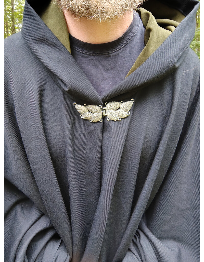 Cloakmakers.com 5731-Washable Navy Blue Wool Cloak w/ Dark Green Hood Lining & Multi-Leaf Clasp