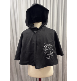 Cloakmakers.com 5732-Black Cloak w/ Cat & Moon Embroidery & Pockets, Water Resistant, Washable Wool Blend Suiting