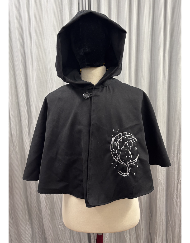 Cloakmakers.com 5732-Black Cloak w/ Cat & Moon Embroidery & Pockets, Water Resistant, Washable Wool Blend Suiting