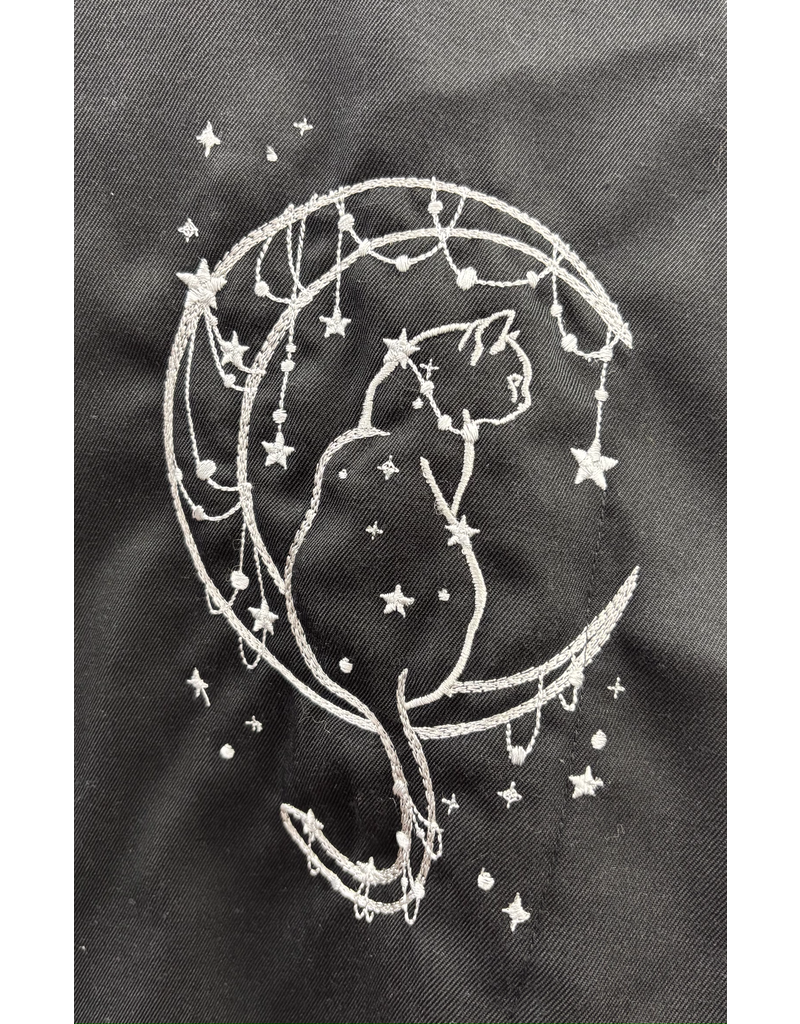 Cloakmakers.com 5732-Black Cloak w/ Cat & Moon Embroidery & Pockets, Water Resistant, Washable Wool Blend Suiting