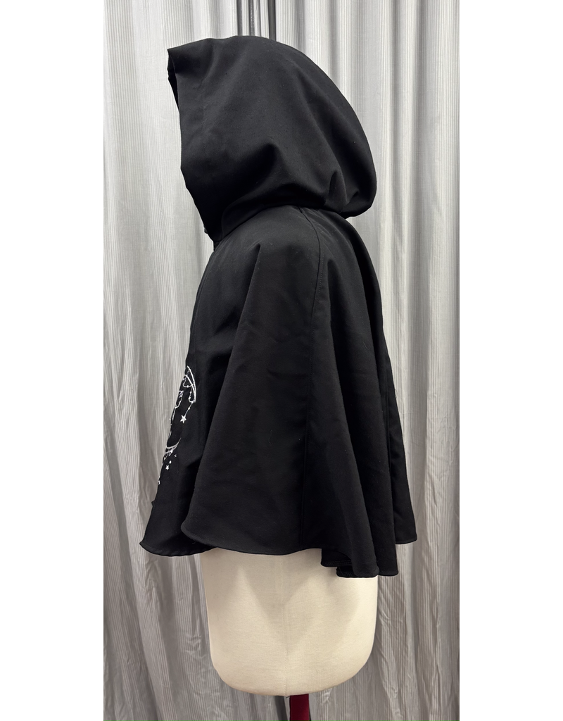 Cloakmakers.com 5732-Black Cloak w/ Cat & Moon Embroidery & Pockets, Water Resistant, Washable Wool Blend Suiting