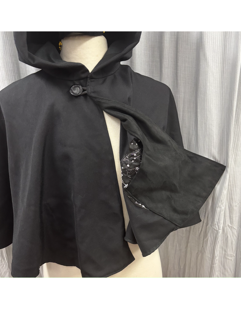Cloakmakers.com 5732-Black Cloak w/ Cat & Moon Embroidery & Pockets, Water Resistant, Washable Wool Blend Suiting