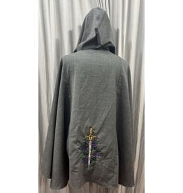 Cloakmakers.com 5733-Grey Cloak w/ Sword, Rose, & Book Embroidery, Washable Wool Suiting