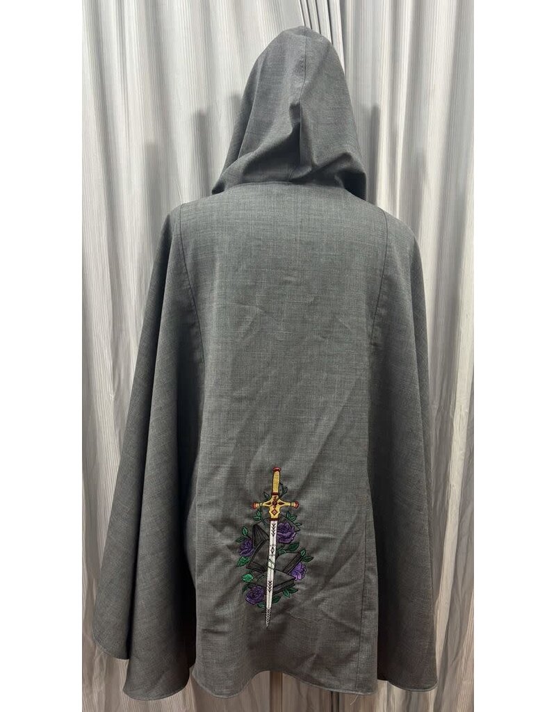 Cloakmakers.com 5733-Grey Cloak w/ Sword, Rose, & Book Embroidery, Washable Wool Suiting