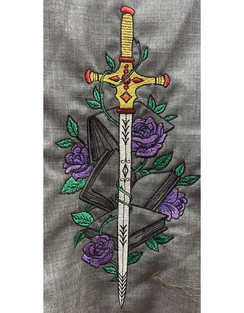 Cloakmakers.com 5733-Grey Cloak w/ Sword, Rose, & Book Embroidery, Washable Wool Suiting