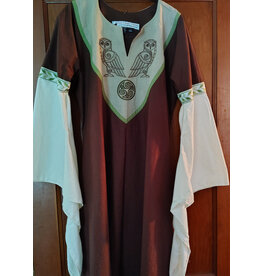Cloakmakers.com G1195-Washable Brown & Green Linen Gown w/ Owl Embroidery & White Drop Sleeves