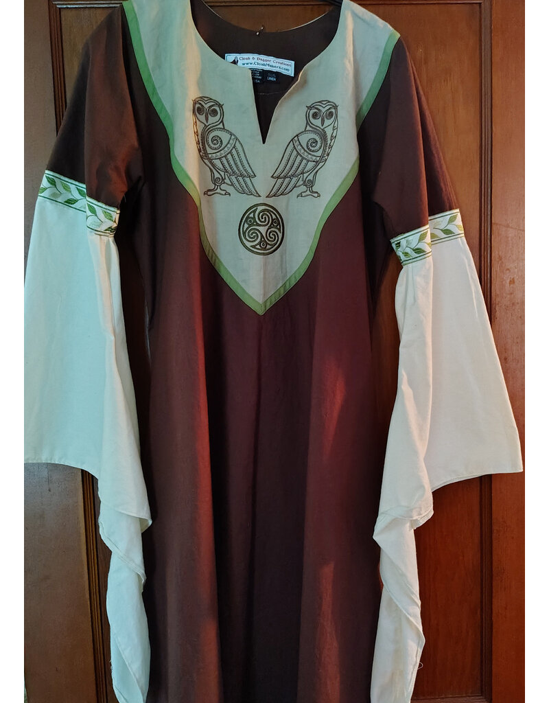 Cloakmakers.com G1195-Washable Brown & Green Linen Gown w/ Owl Embroidery & White Drop Sleeves