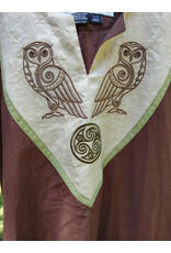 Cloakmakers.com G1195-Washable Brown & Green Linen Gown w/ Owl Embroidery & White Drop Sleeves