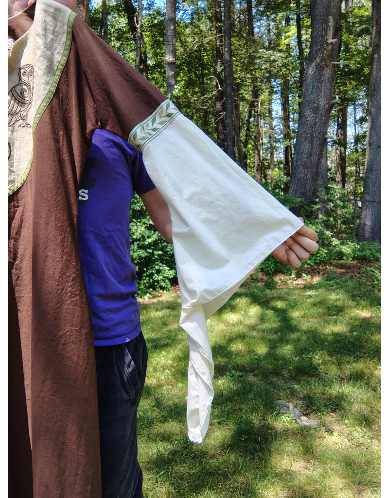 Cloakmakers.com G1195-Washable Brown & Green Linen Gown w/ Owl Embroidery & White Drop Sleeves