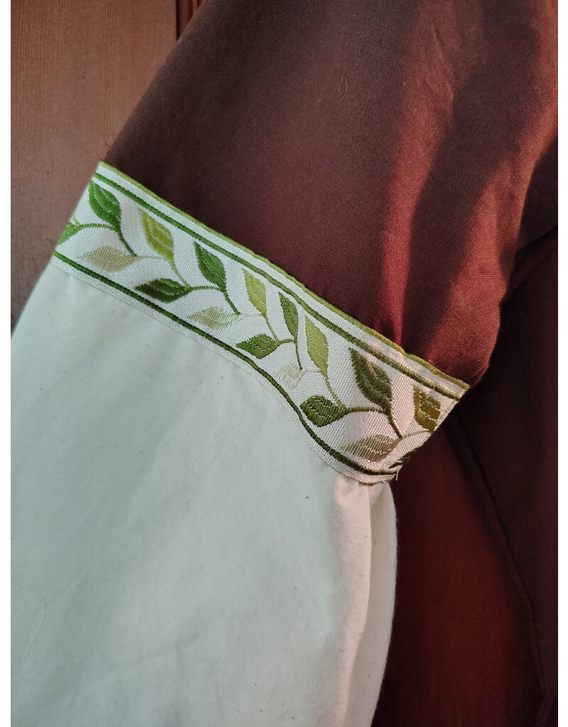 Cloakmakers.com G1195-Washable Brown & Green Linen Gown w/ Owl Embroidery & White Drop Sleeves