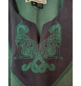 Cloakmakers.com G1196-Washable Green Linen Gown w/ Dual Cat Embroidery & Pockets