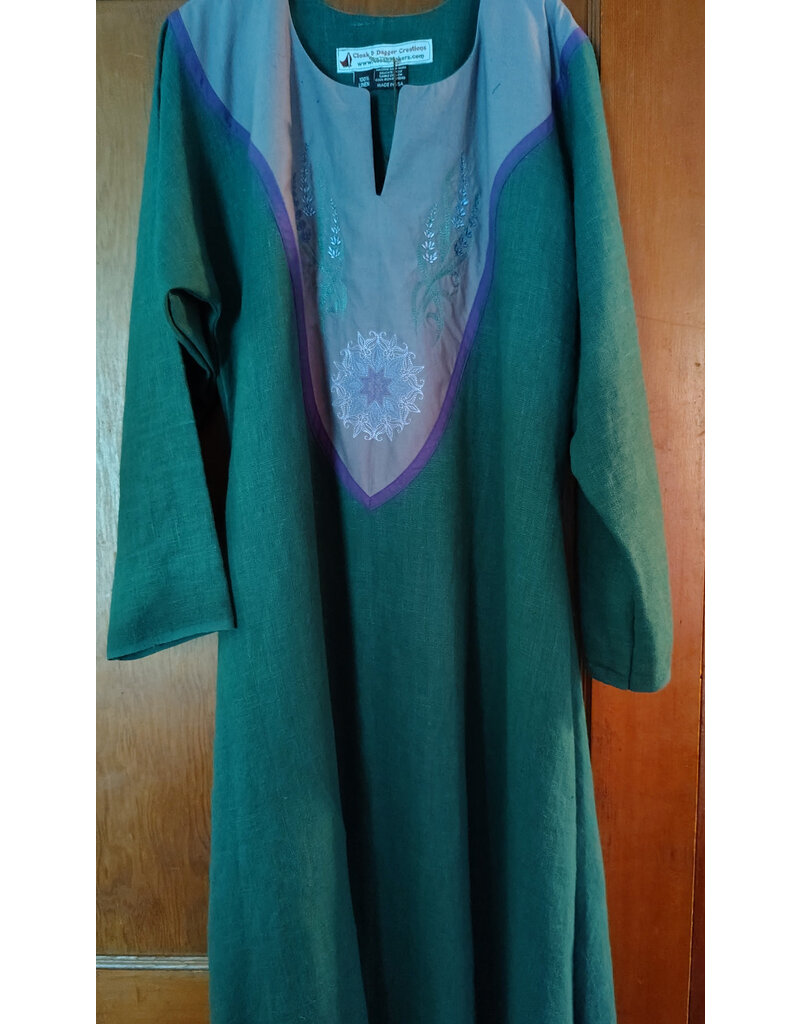 Cloakmakers.com G1197-Washable Green Linen Gown w/ Lavender Embroidery & Pockets