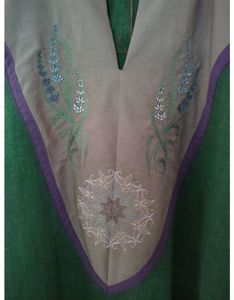 Cloakmakers.com G1197-Washable Green Linen Gown w/ Lavender Embroidery & Pockets