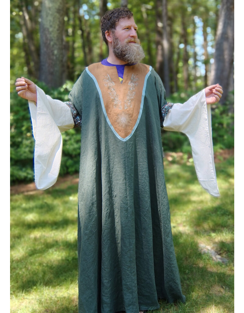 Cloakmakers.com G1198-Washable Sage Green Linen Gown w/ Green Wildflower Embroidery