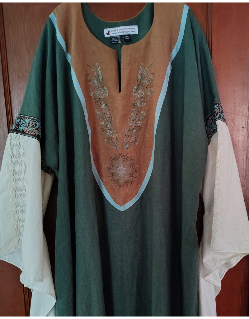Cloakmakers.com G1198-Washable Sage Green Linen Gown w/ Green Wildflower Embroidery
