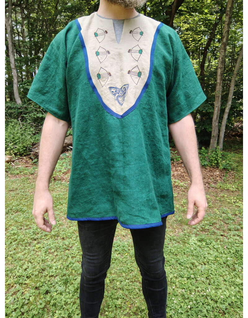 Cloakmakers.com J897-Washable Green Linen Tunic w/ Archer Embroidery
