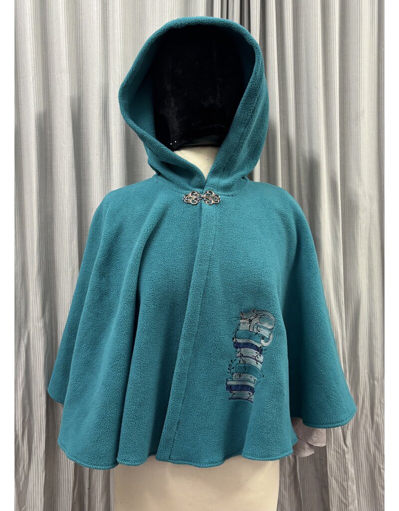 Cloakmakers.com 5382 - Washable Turquoise Short Fleece Cloak w/ Cat Embroidery, Vale-style Clasp