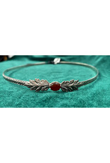 Cloakmakers.com Demeter Circlet - Red Oval Stone and Tiny Elm Leaves on Wheat Pattern Band, Silver Tone Plated