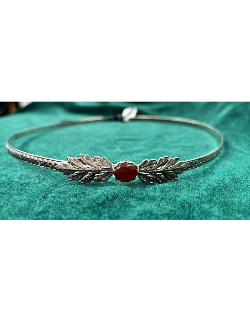 Cloakmakers.com Demeter Circlet - Red Oval Stone and Tiny Elm Leaves on Wheat Pattern Band, Silver Tone Plated