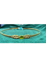 Cloakmakers.com Demeter Circlet - Green Oval Stone and Tiny Oak Leaves on Wheat Pattern Band, Gold Plated
