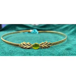 Cloakmakers.com Demeter Circlet - Green Oval Stone and Tiny Oak Leaves on Wheat Pattern Band, Gold Plated
