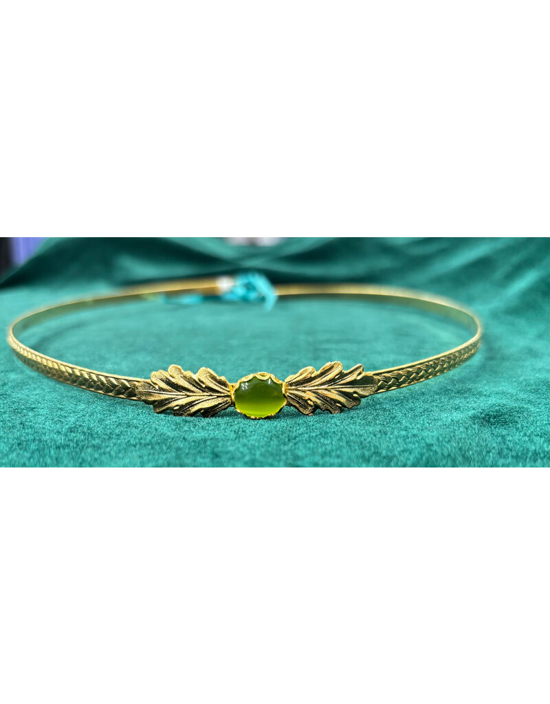 Cloakmakers.com Demeter Circlet - Green Oval Stone and Tiny Oak Leaves on Wheat Pattern Band, Gold Plated